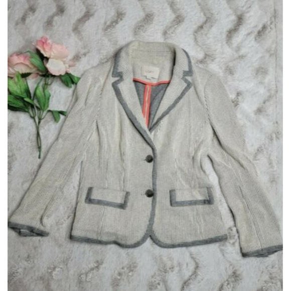 ✨️CL AnnTaylor Loft Cotton Gray Cream Pinstripe Fabric Two Button Blazer Size XS - Picture 1 of 12